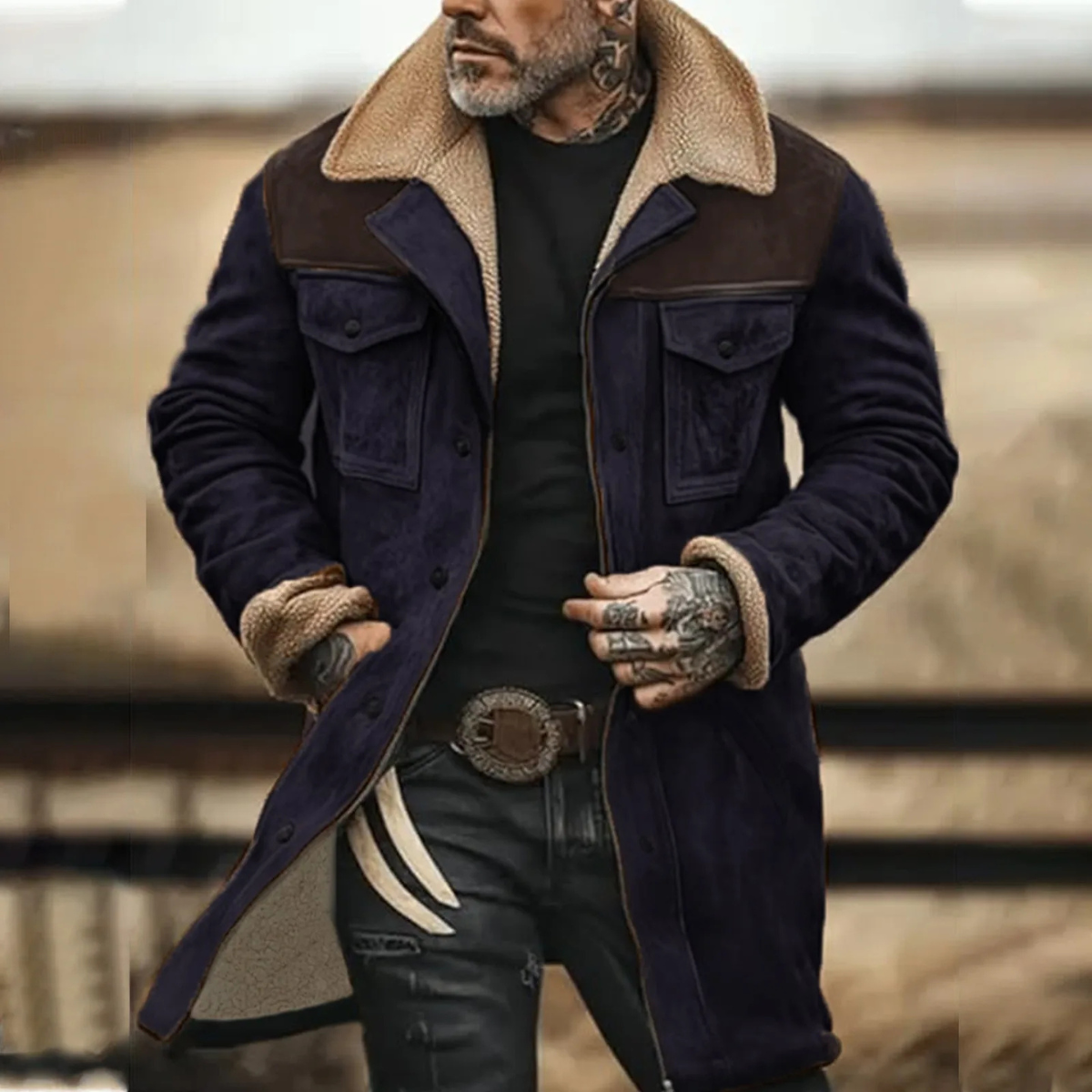 Suede sherpa-lined jacket in navy with tan sherpa collar and chest pockets