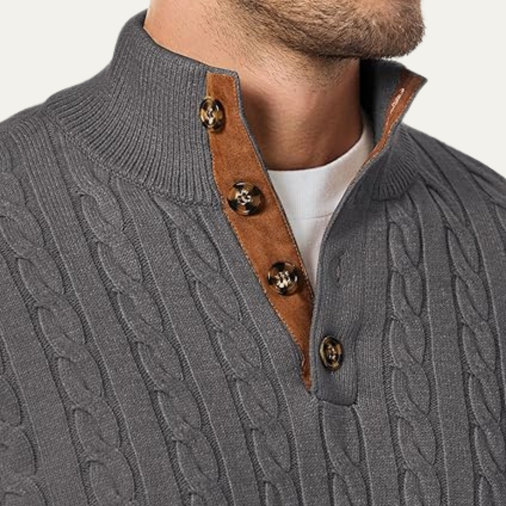 Dark gray cable-knit sweater collar with brown leather placket and round metal buttons