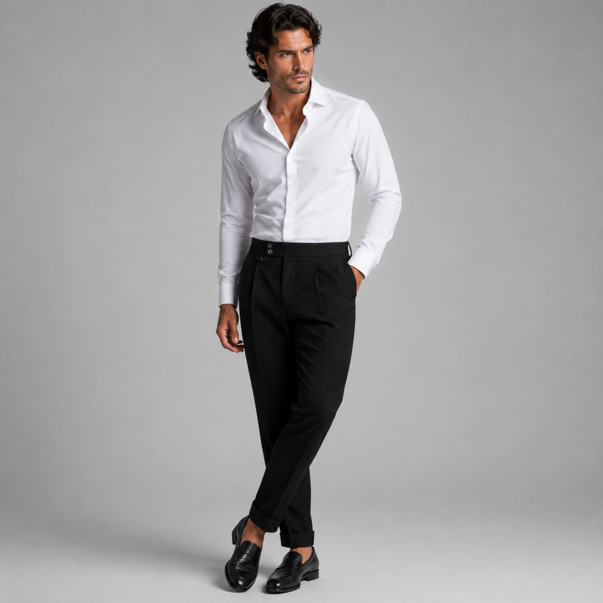 Men's tailored high-waisted pleated dress pants in black