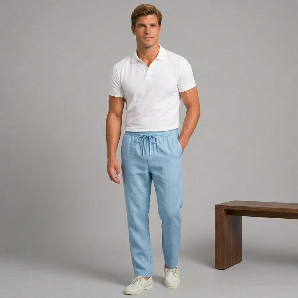 Men's hemp straight-leg pants in light blue, elastic waistband with drawstring