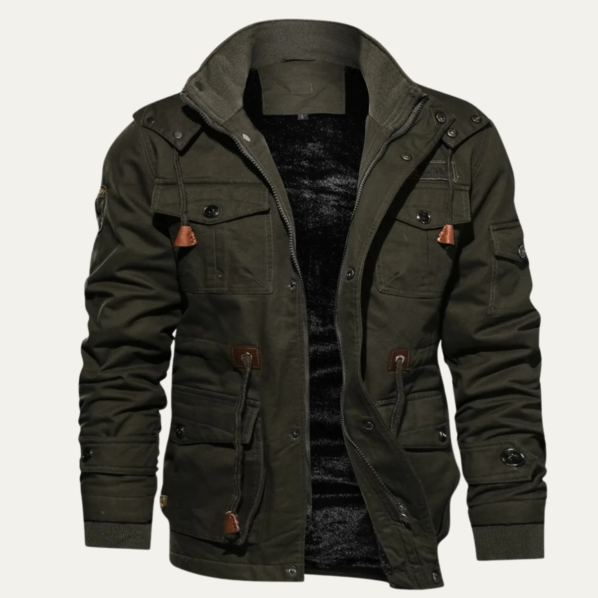 Men's army green hooded jacket with thick plush lining, chest pockets, and zip front