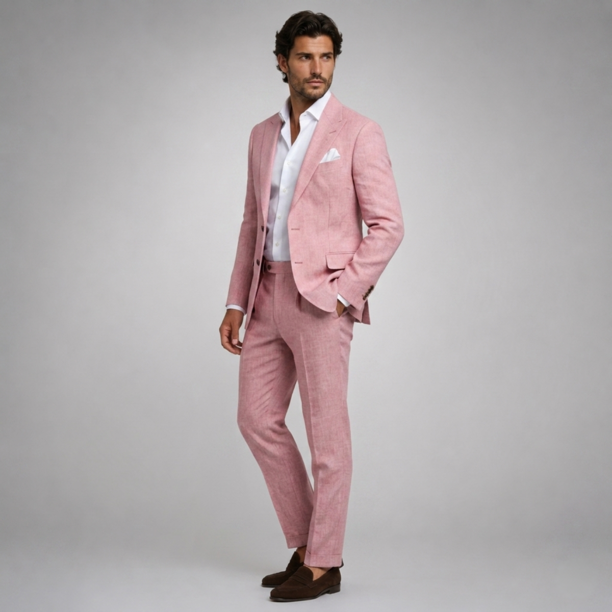Men’s linen slim-fit 2-piece suit with pink blazer and matching trousers