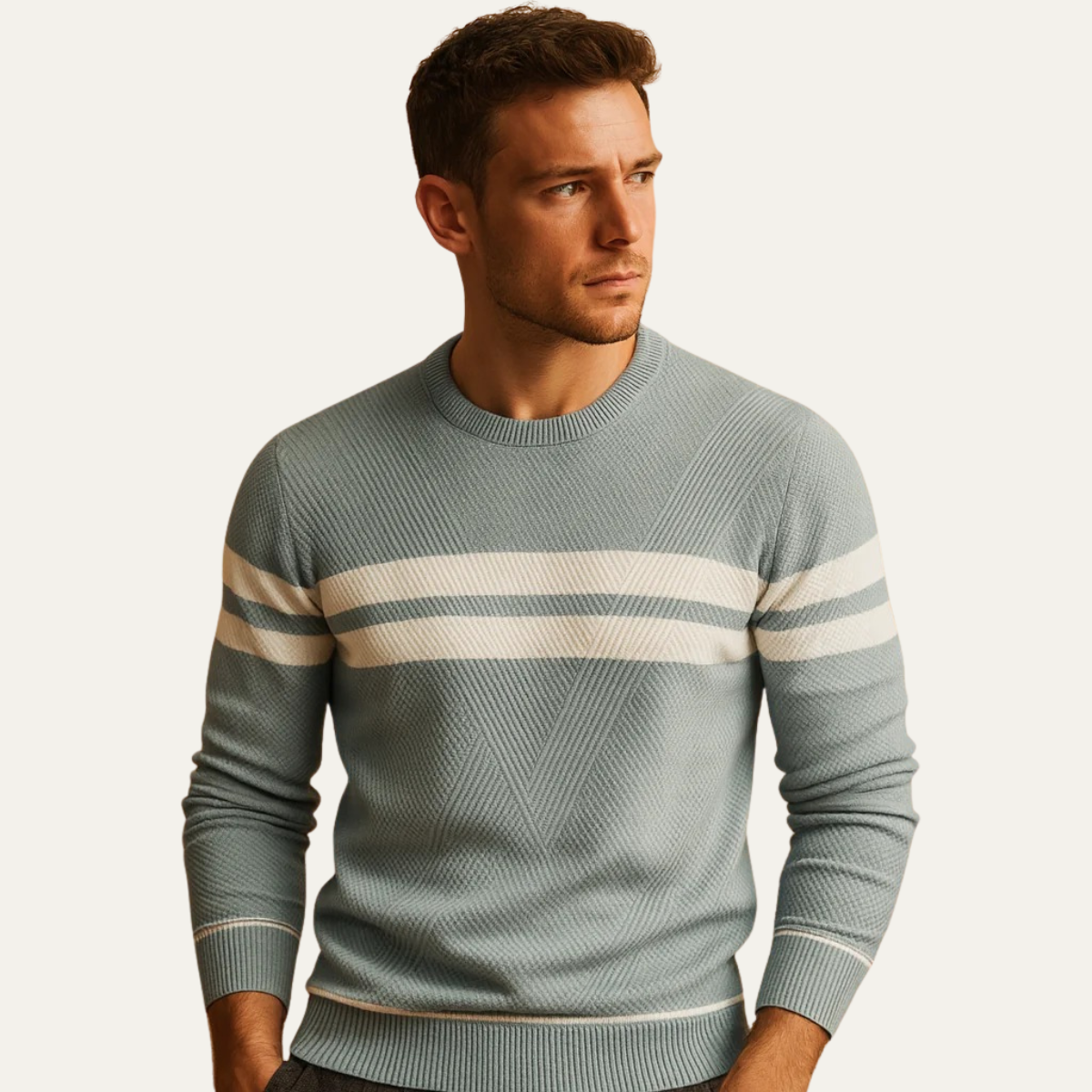 Men's light blue knit sweater with wide white stripe band across the chest