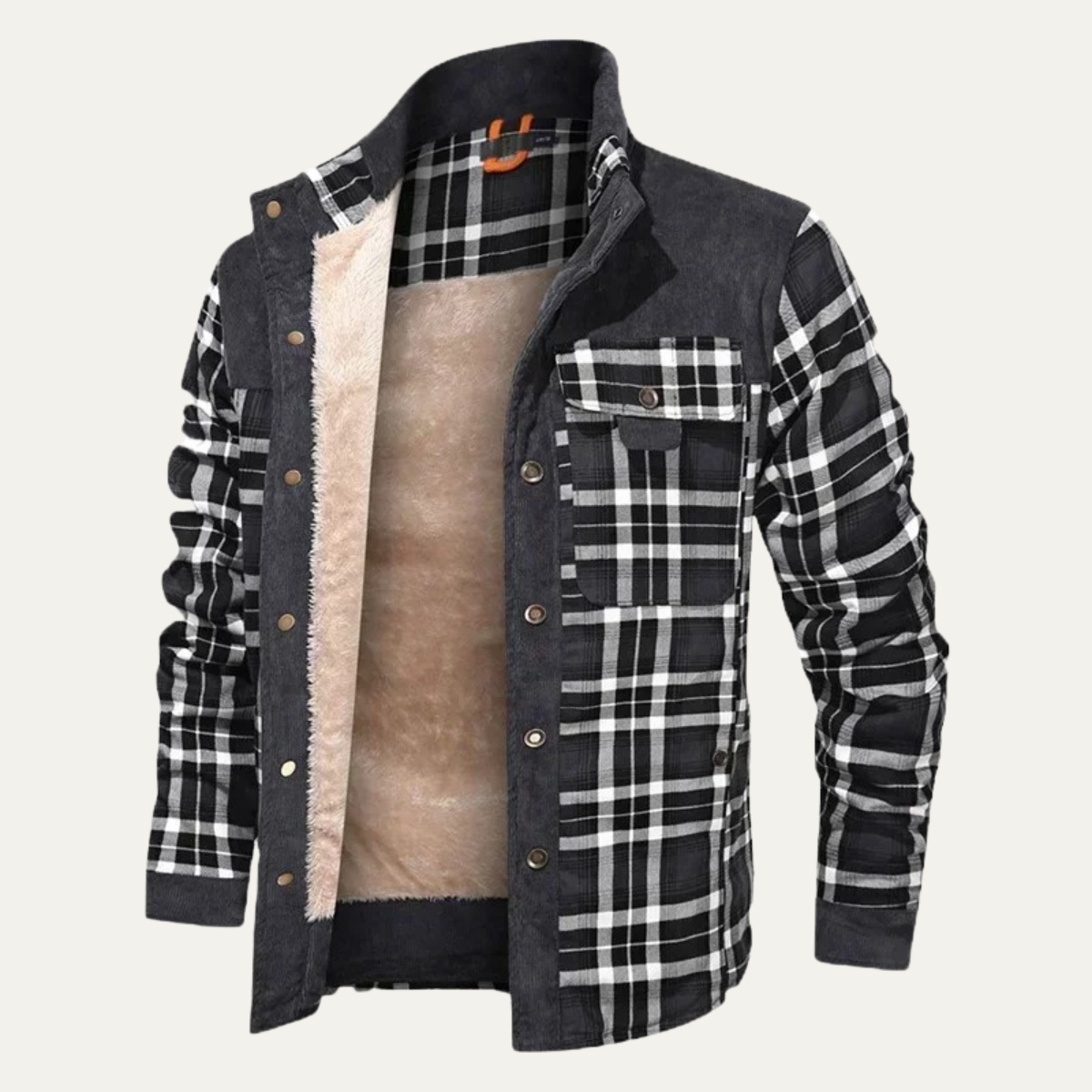 Men's warm plaid check jacket in black with tan sherpa lining and chest pocket