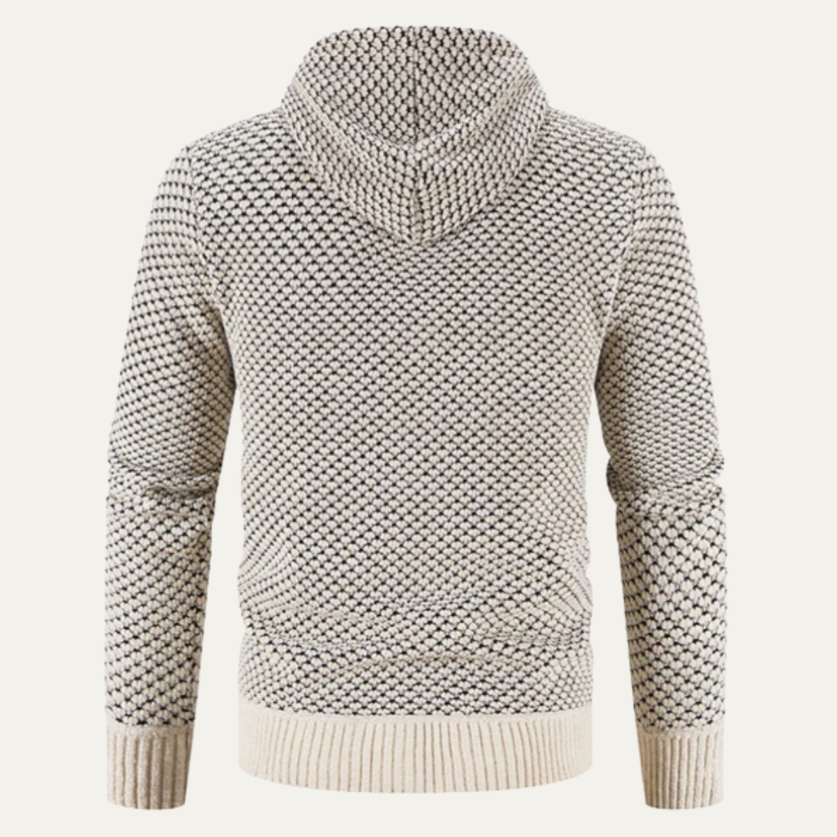Cream textured knit hoodie sweater with hood, ribbed cuffs and hem