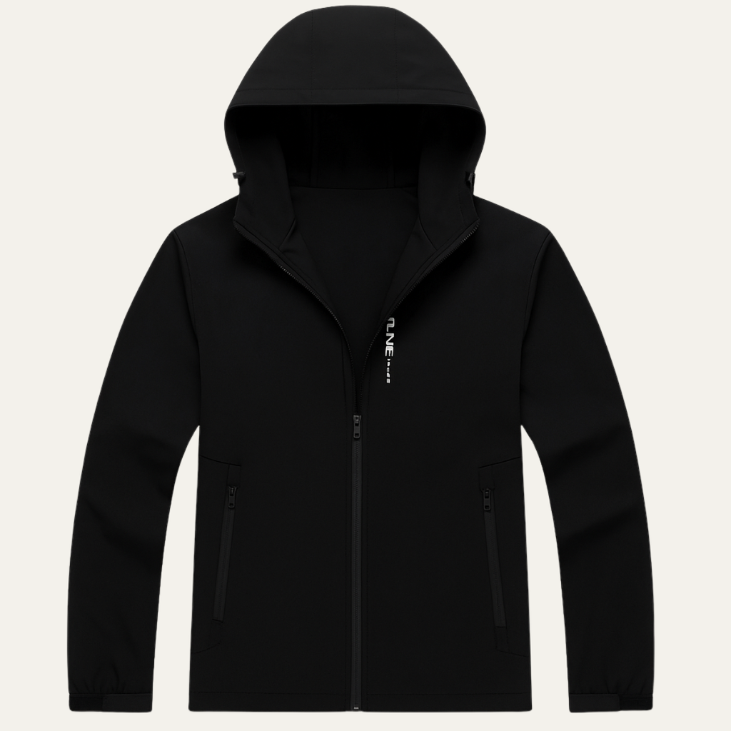 Black waterproof rain jacket with hood, full-length front zipper, and zip chest pocket