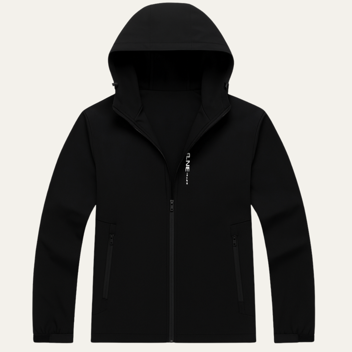 Black waterproof rain jacket with hood, full-length front zipper, and zip chest pocket