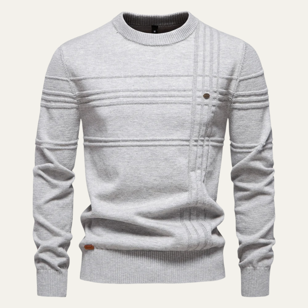 Men's light gray crew-neck knit sweater with ribbed cuffs and striped panel detailing