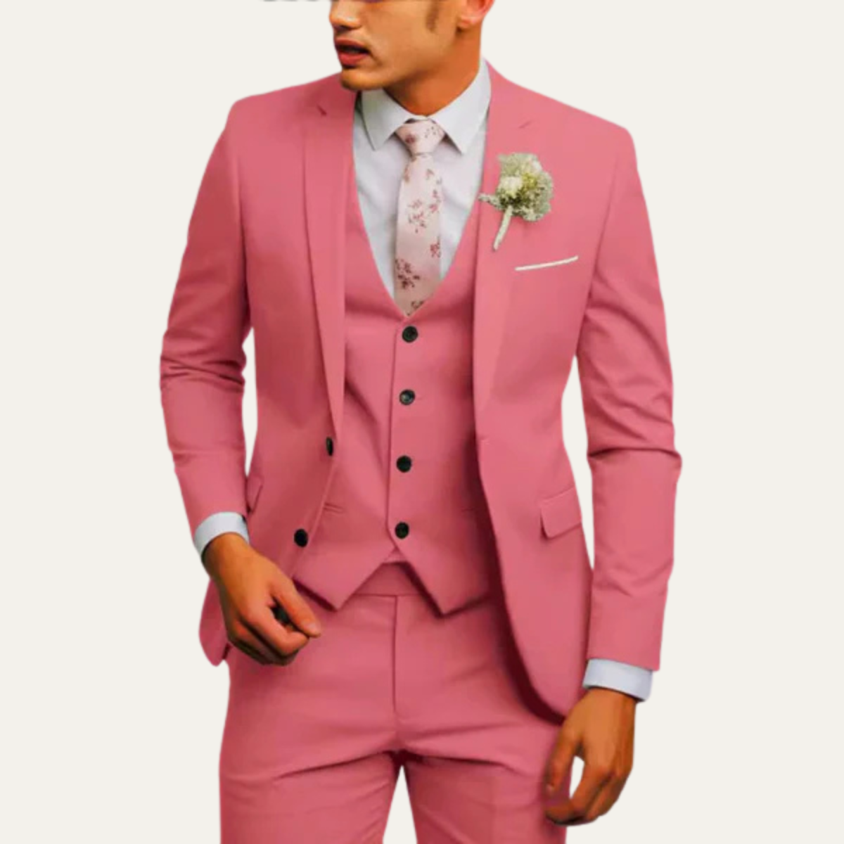 Men's slim-fit 3-piece business suit set, pink jacket vest and trousers