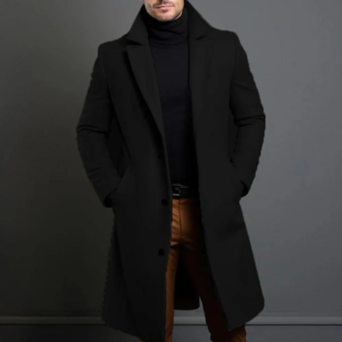 Men's black wool overcoat worn, notched lapels and button front