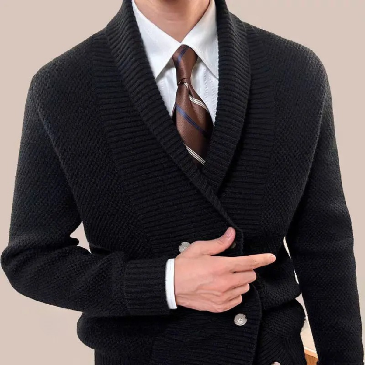 Black chunky knit double-breasted cardigan with shawl collar and button front