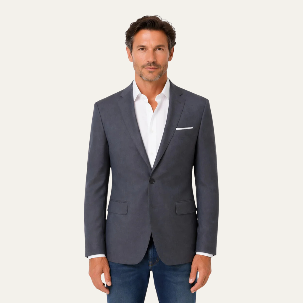 Men's classic single-breasted suit jacket, navy blue with chest pocket and pocket square