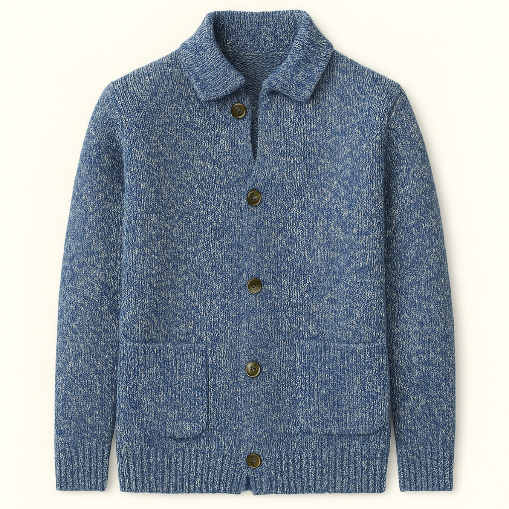 Men's blue knitted button-up cardigan with shawl collar and patch pockets