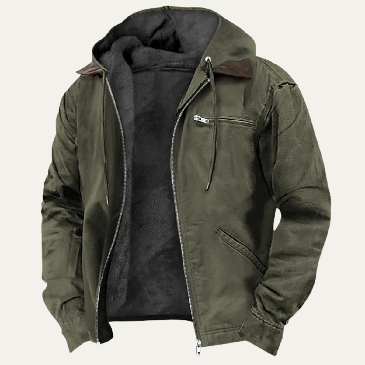 Green fleece-lined hooded windbreaker jacket with full front zipper and zip pockets