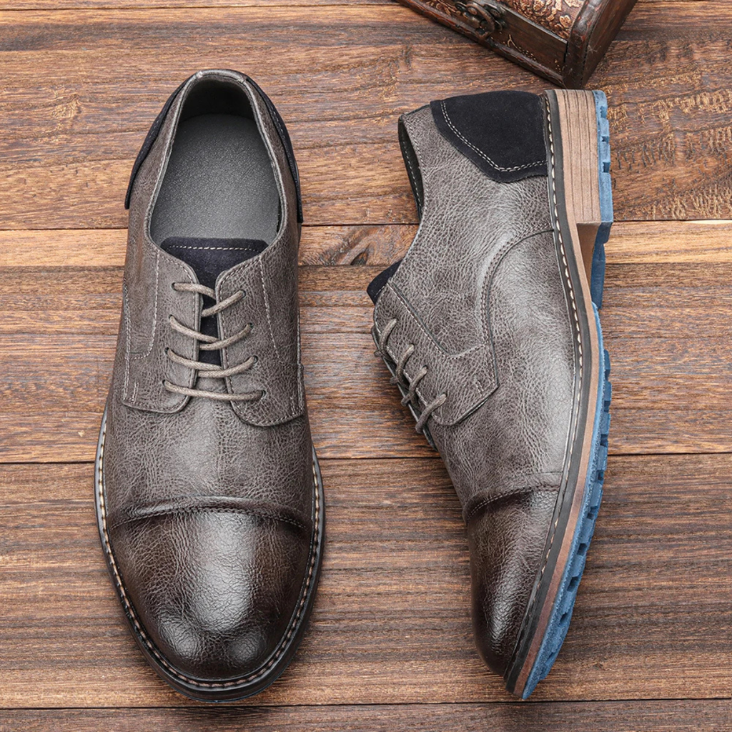 Men's lace-up leather Oxford shoes, dark gray with lace-up front and blue rubber sole