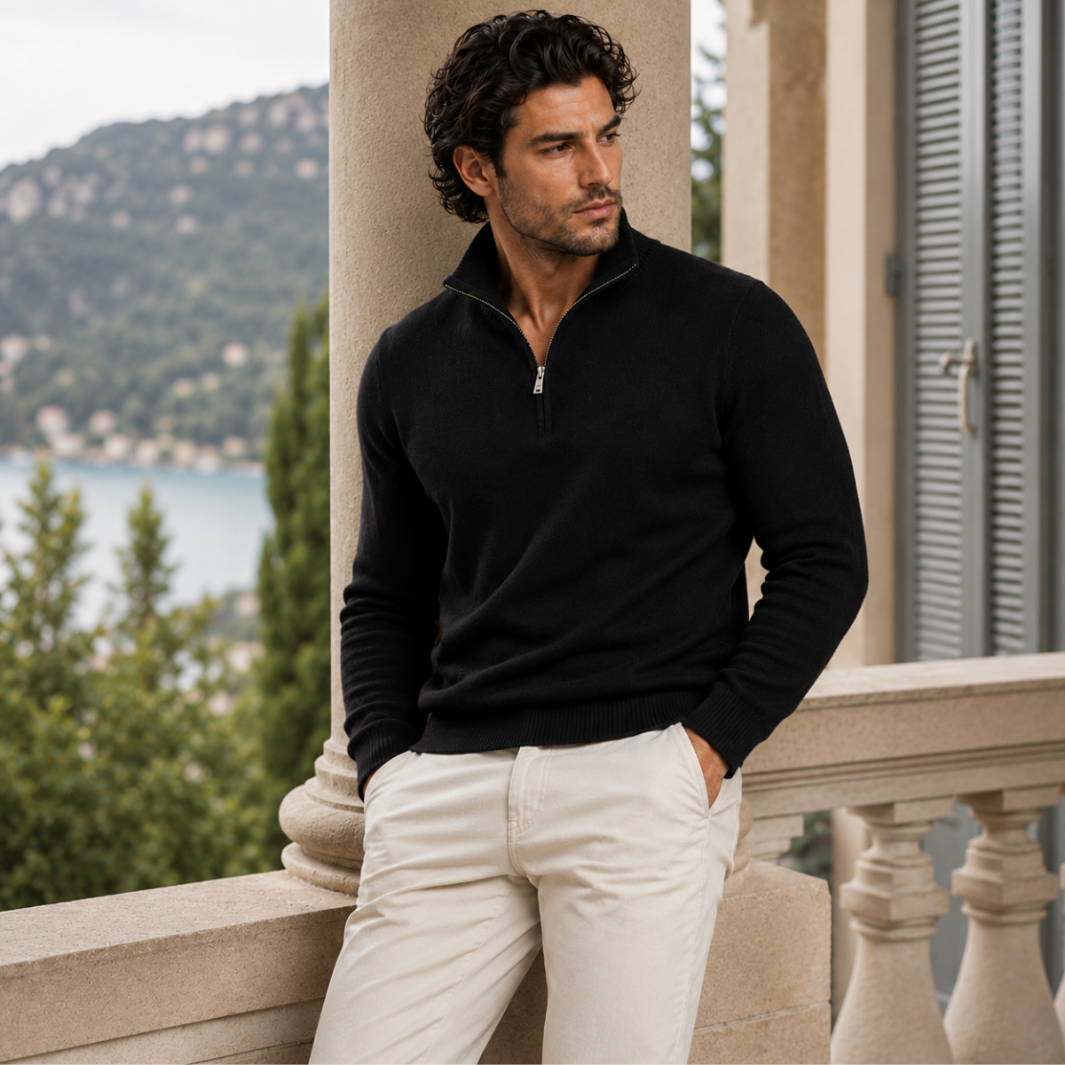 Men’s quarter-zip lightweight knit sweater, black