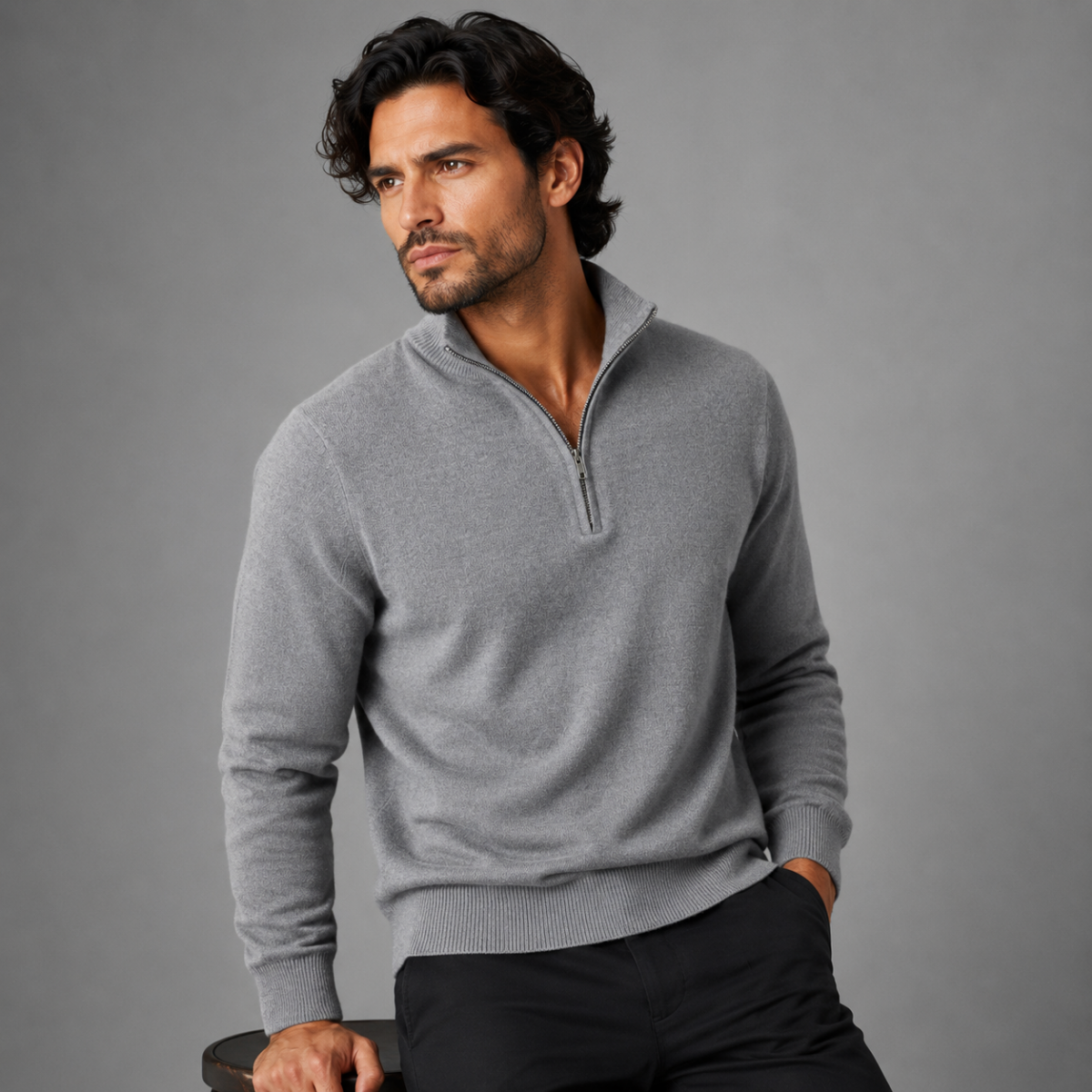 Men's quarter-zip mock neck sweater in heather gray on model, long sleeves