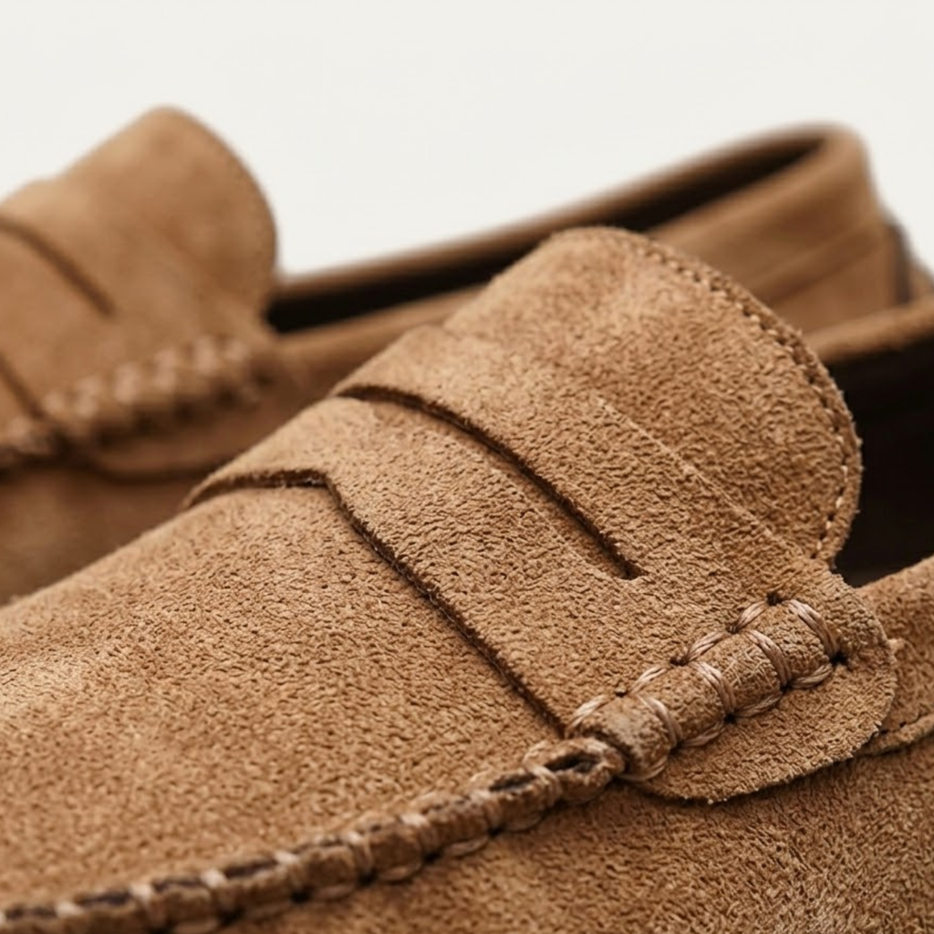 Marostica men's suede moccasin loafers, tan suede slip-on with braided trim