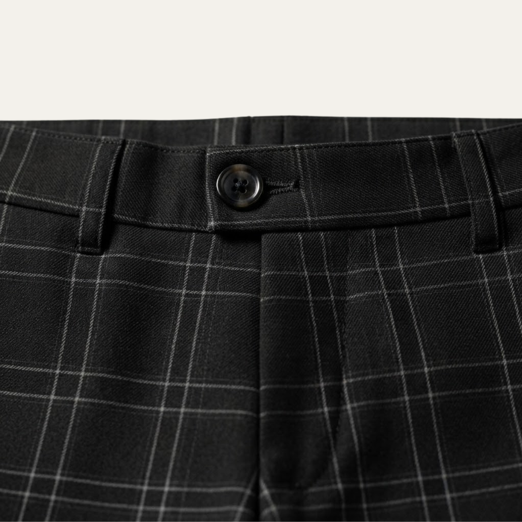 Black checked pants waistband close-up with button and belt loops
