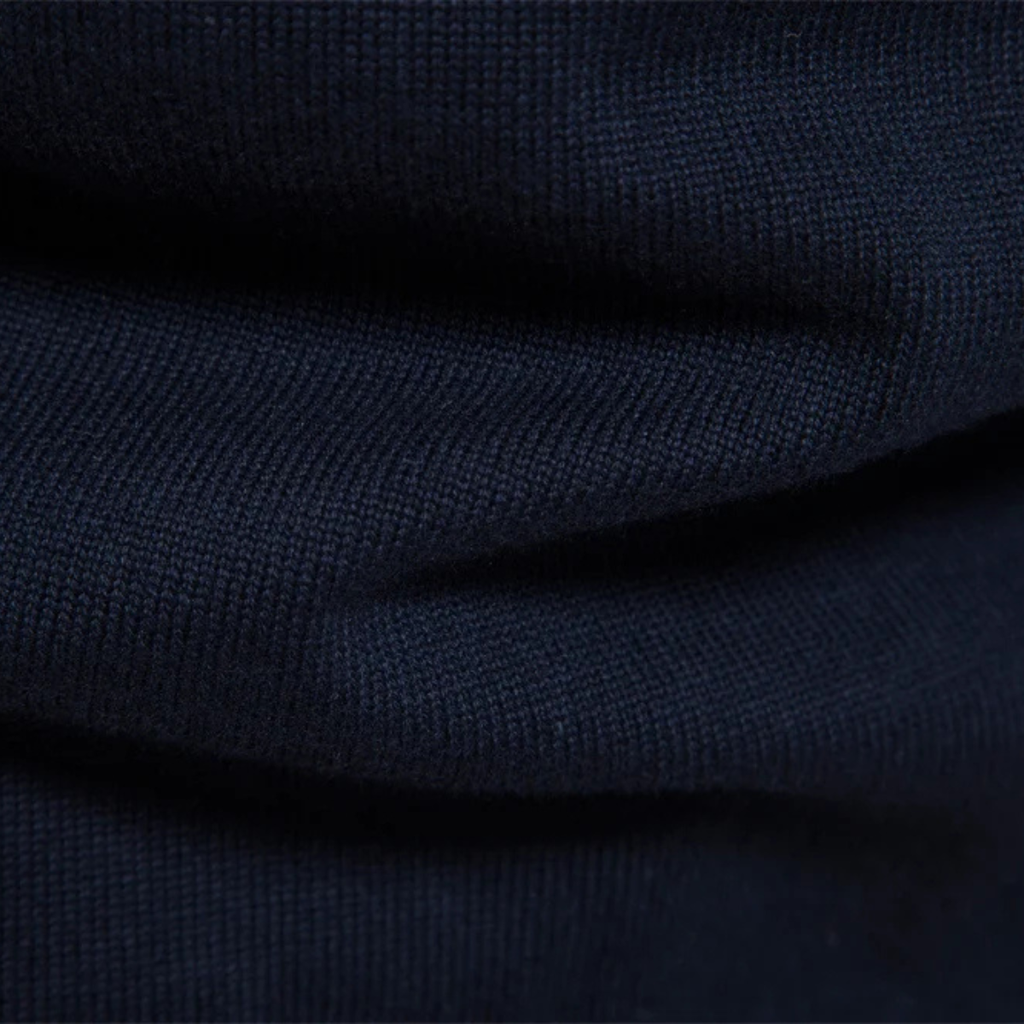 Navy blue knit mock-neck sweater, quarter-zip pullover with ribbed trim