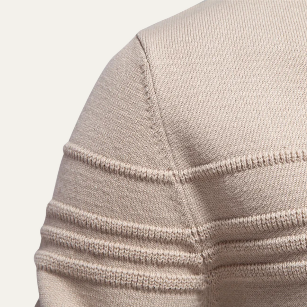 Men's crew neck sweater knit with ribbed band and striped texture detail