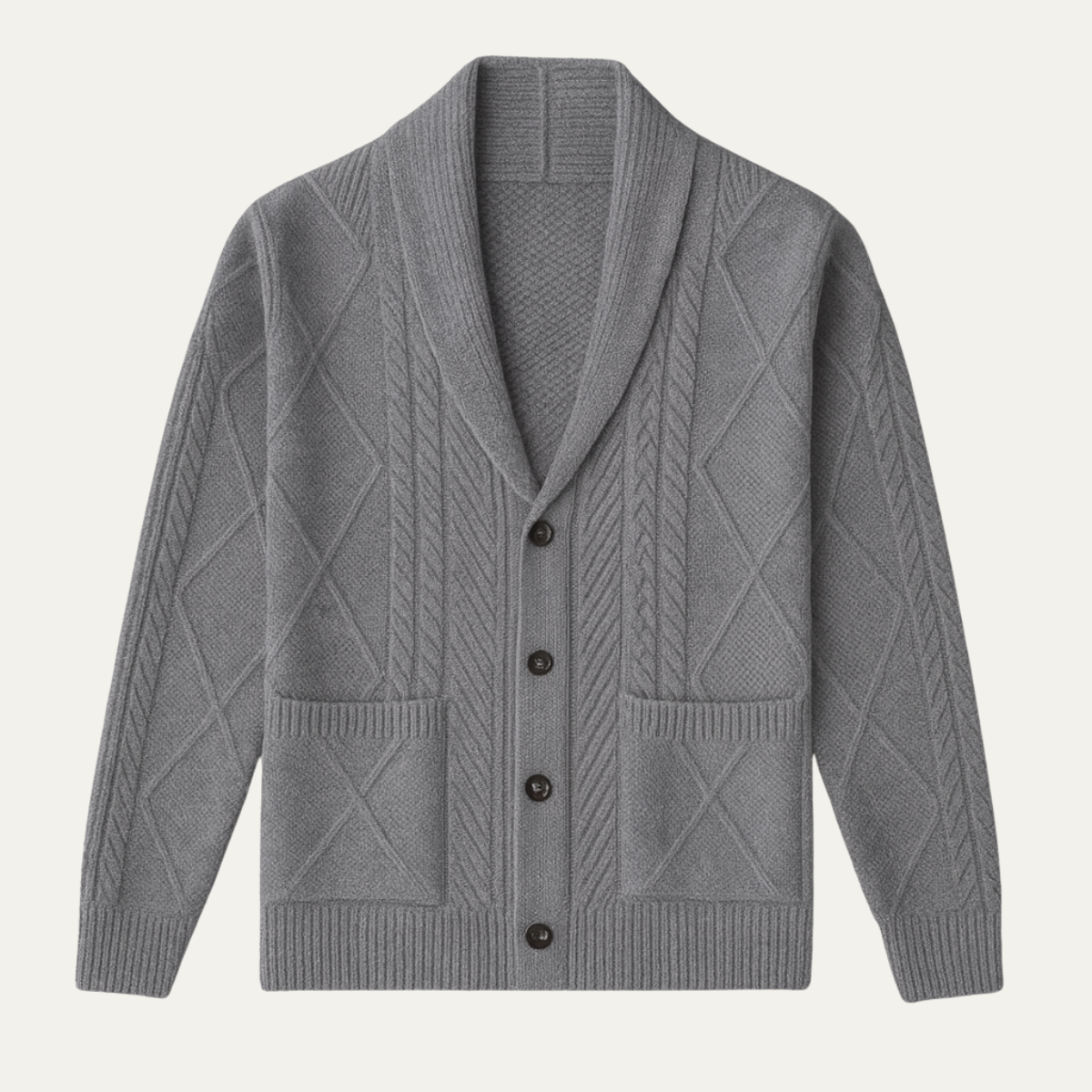 Gray men's wool button cardigan with cable knit design and button front