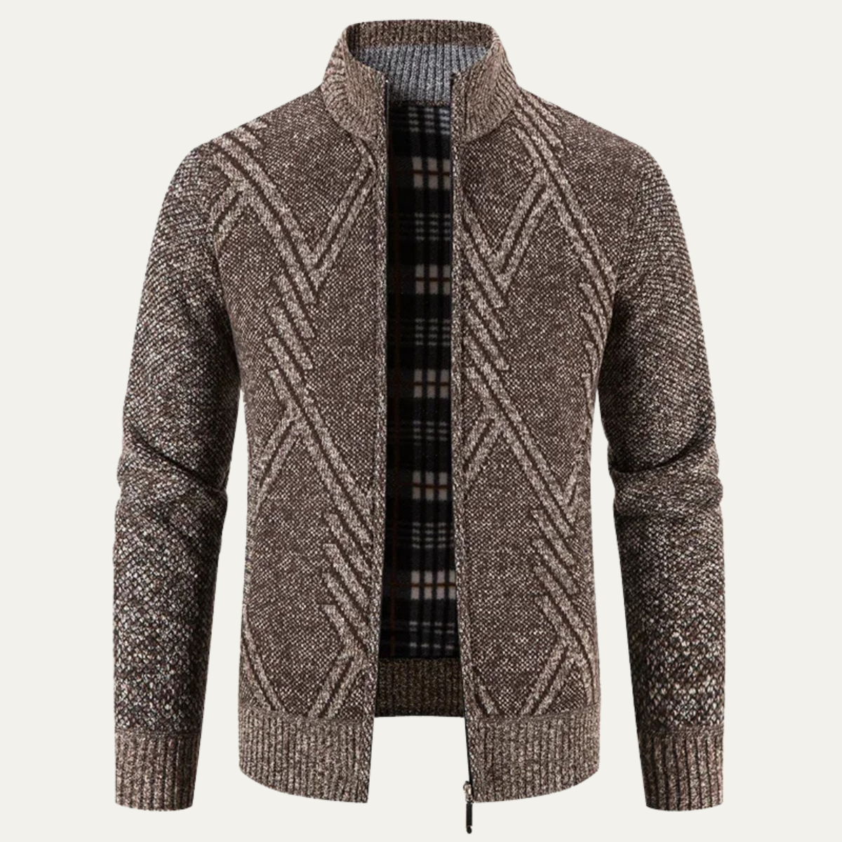 Men's knitted zip cardigan, coffee brown with geometric knit pattern and ribbed collar