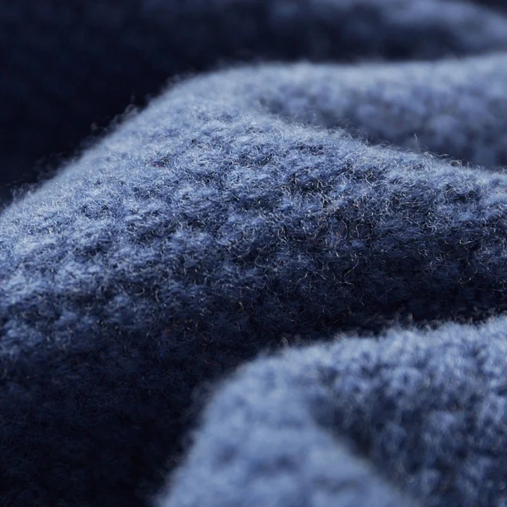 Close-up texture of blue wool cardigan knit