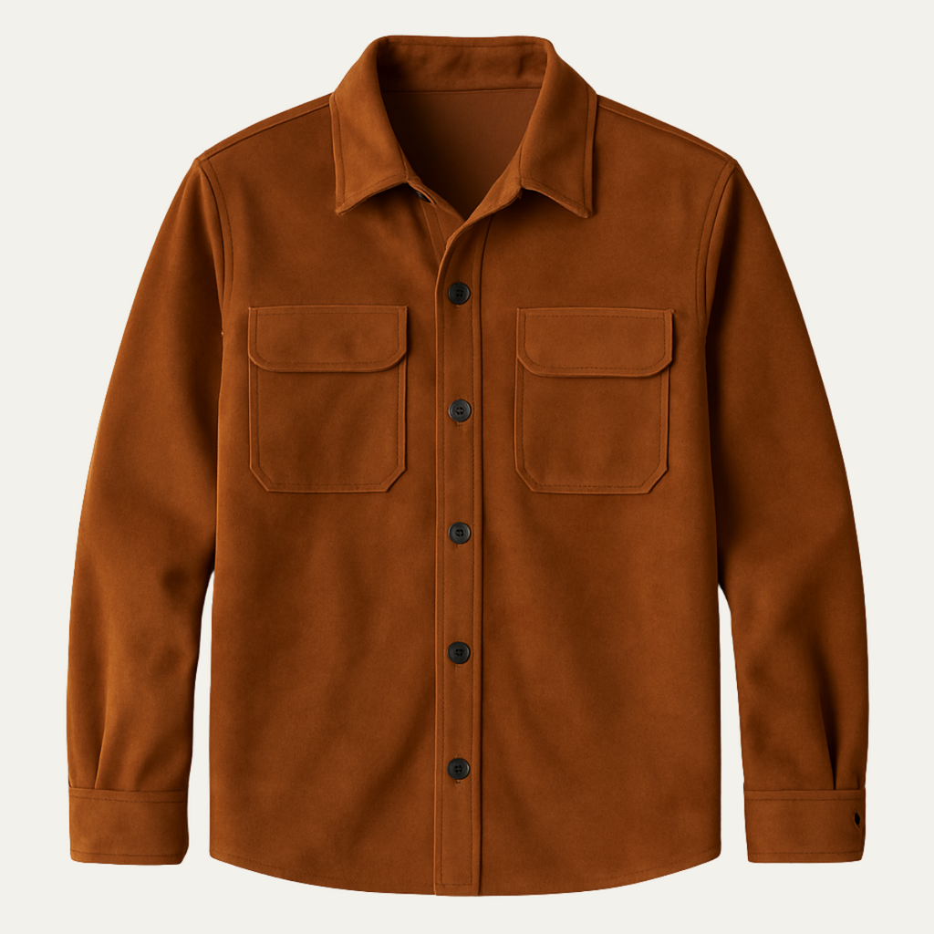 Men's camel overshirt with button front and flap chest pockets