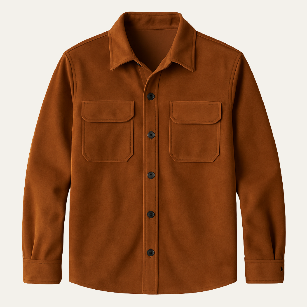 Men's camel overshirt with button front and flap chest pockets