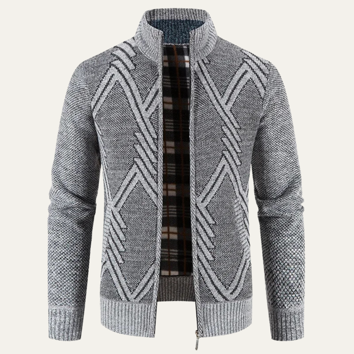 Men's knitted zip cardigan, light gray with bold geometric pattern and ribbed cuffs