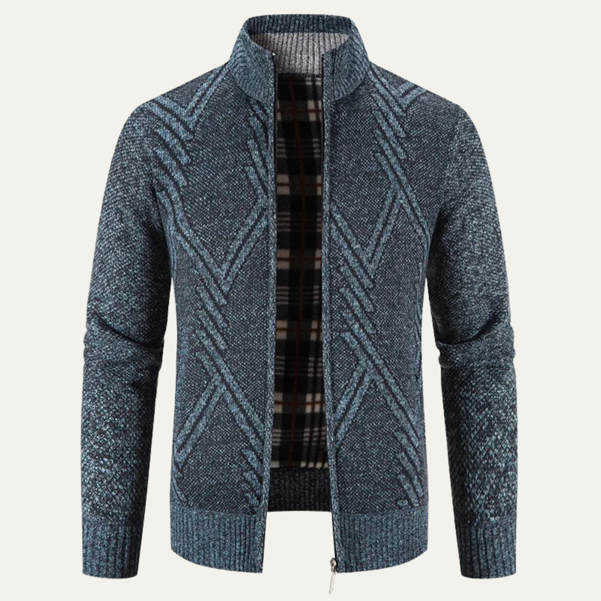 Men's knitted zip cardigan, dark blue-gray with patterned panels and ribbed collar