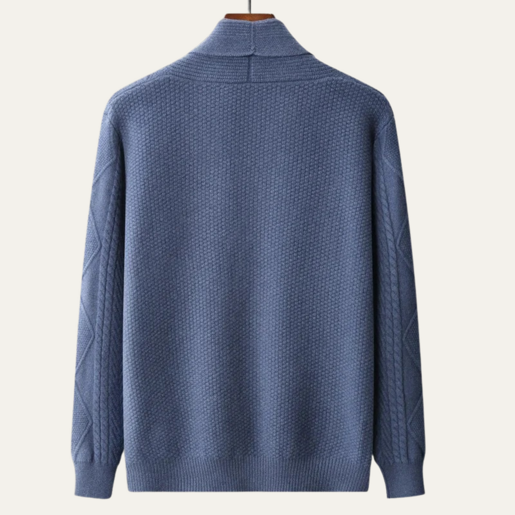 Blue men's wool button cardigan from the back with ribbed collar
