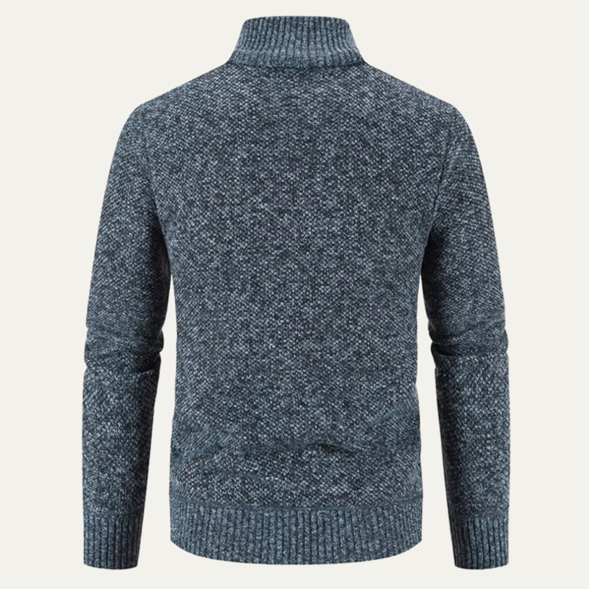 Men's knitted zip cardigan back view, dark blue-gray marled knit with ribbed hem