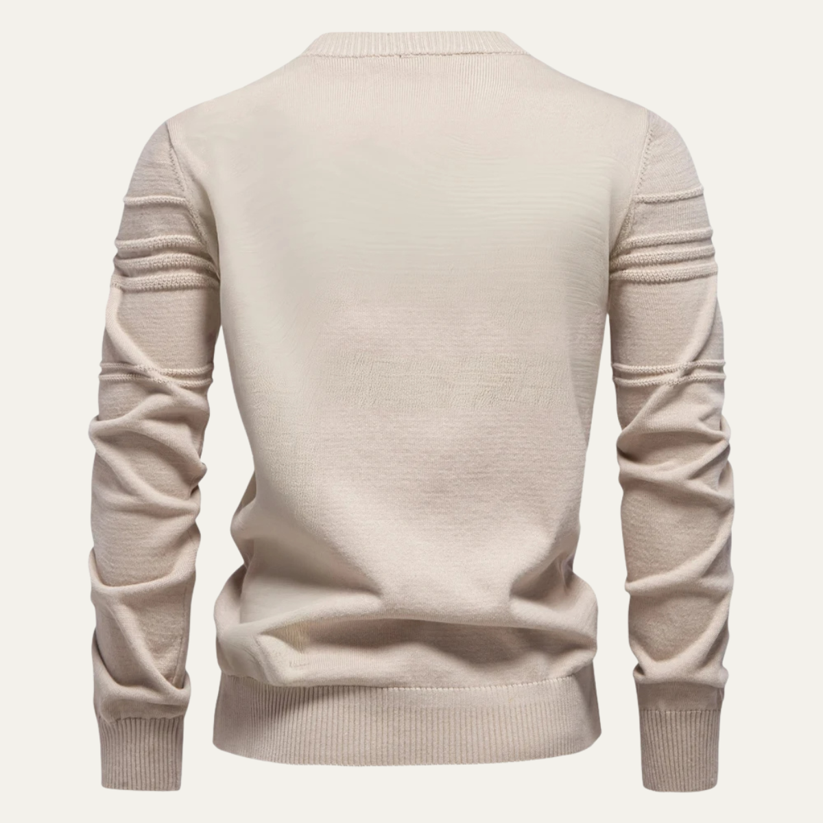 Men's beige crew neck knit sweater with ribbed cuffs and hem, plain back
