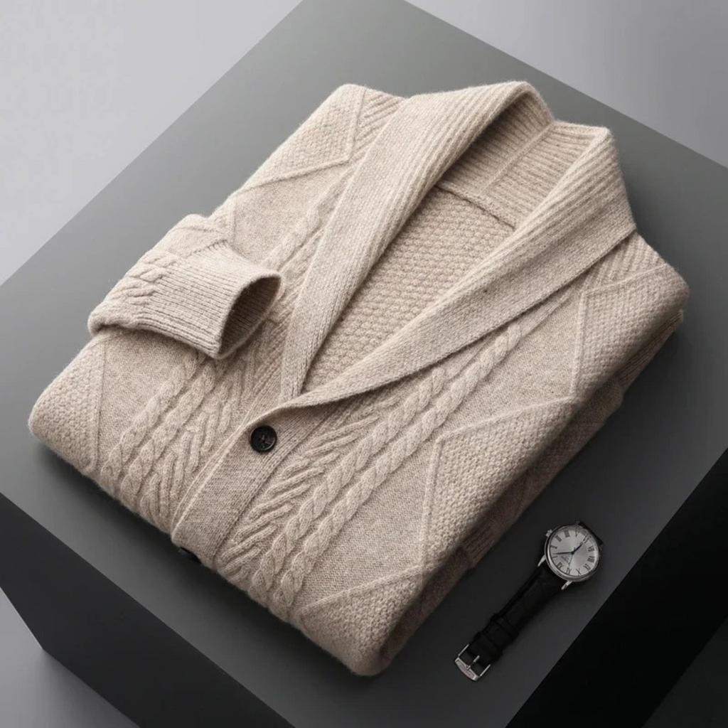 Men's beige wool button cardigan with shawl collar, ribbed cuffs and cable knit texture