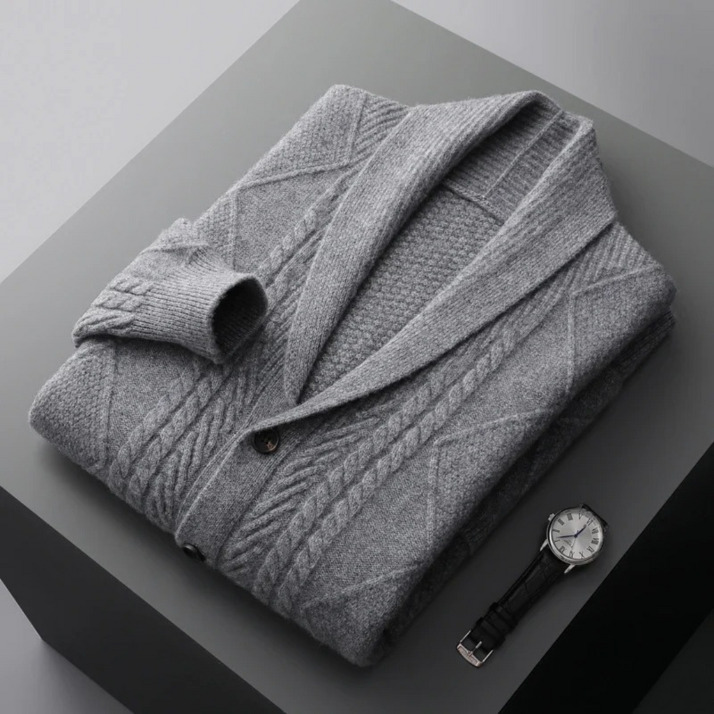Men's gray wool button cardigan with shawl collar, ribbed cuffs and textured knit