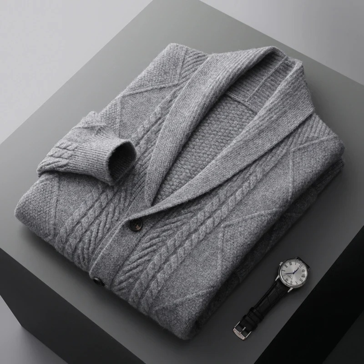 Men's gray wool button cardigan with shawl collar, ribbed cuffs and textured knit