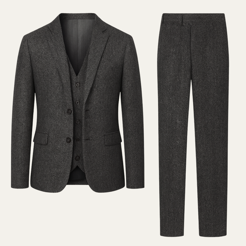 Men's tweed herringbone suit jacket and trousers set, dark gray, slim fit