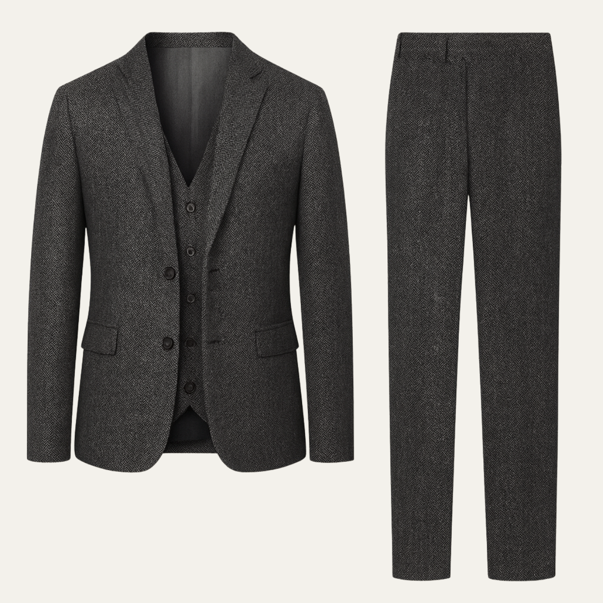Men's tweed herringbone suit jacket and trousers set, dark gray, slim fit
