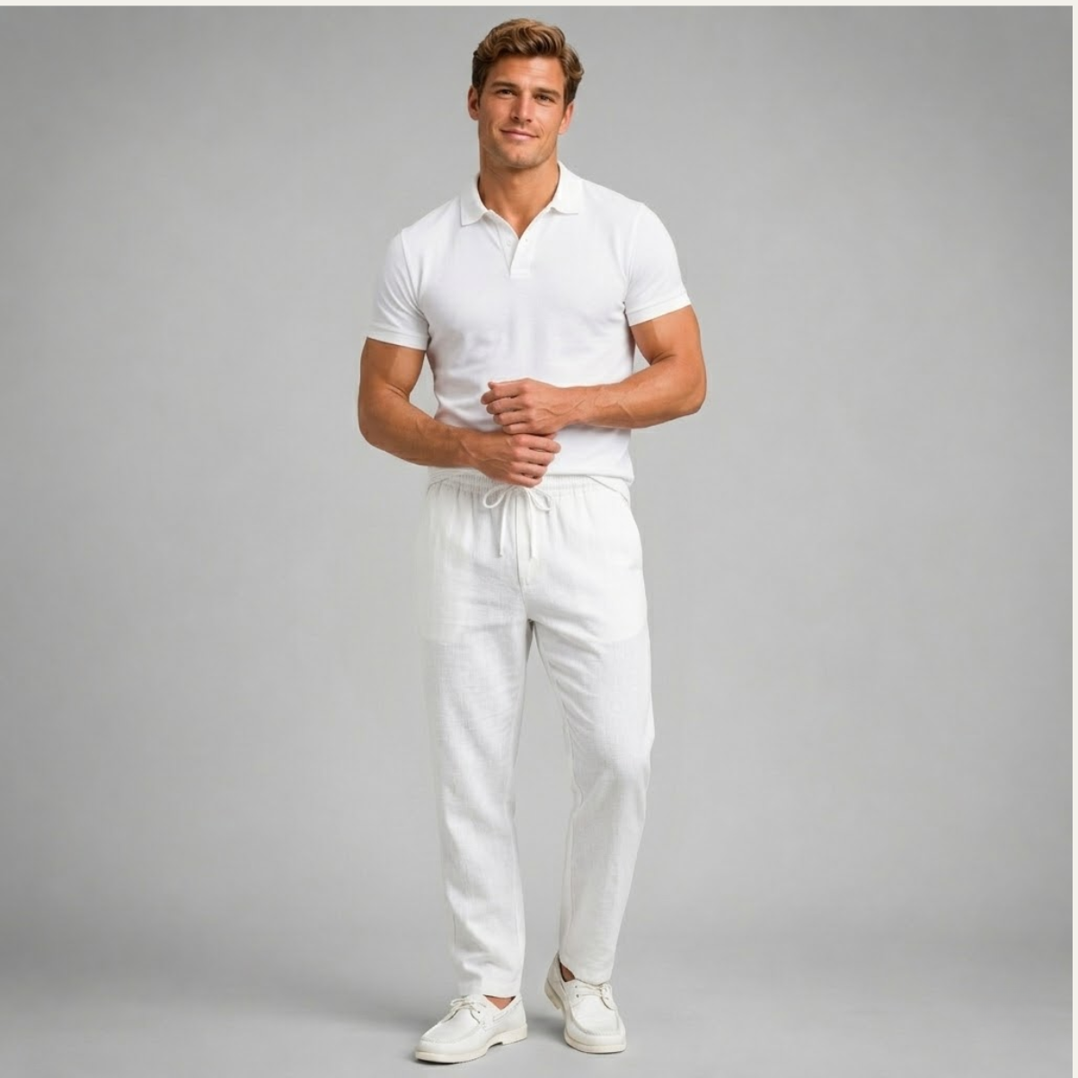 Men's hemp straight-leg pants in white, drawstring elastic waistband