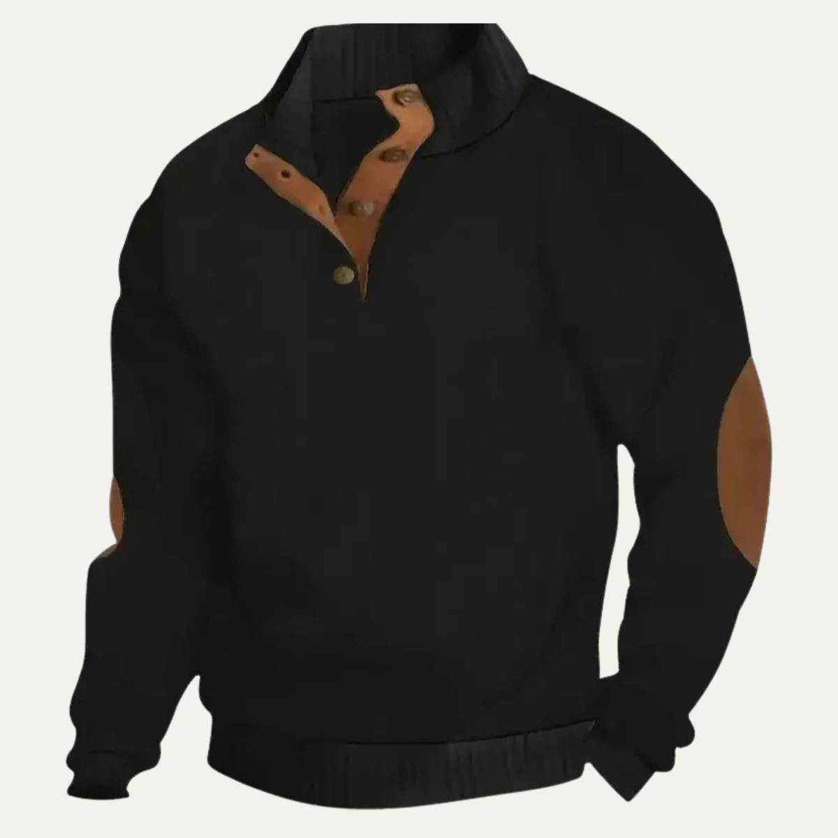 Men's patterned fleece sweater with suede elbow patches, buttoned henley placket, black