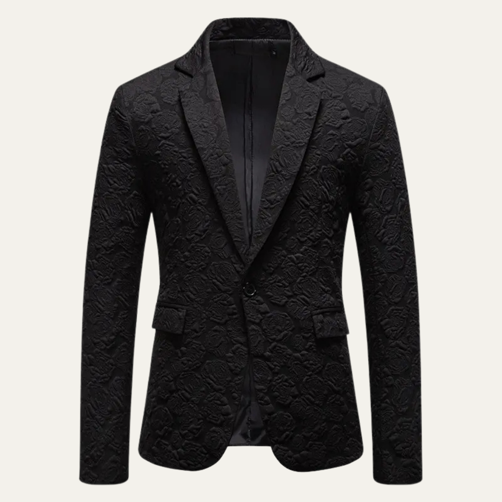 Men's black slim-fit textured blazer with notch lapels and dark button