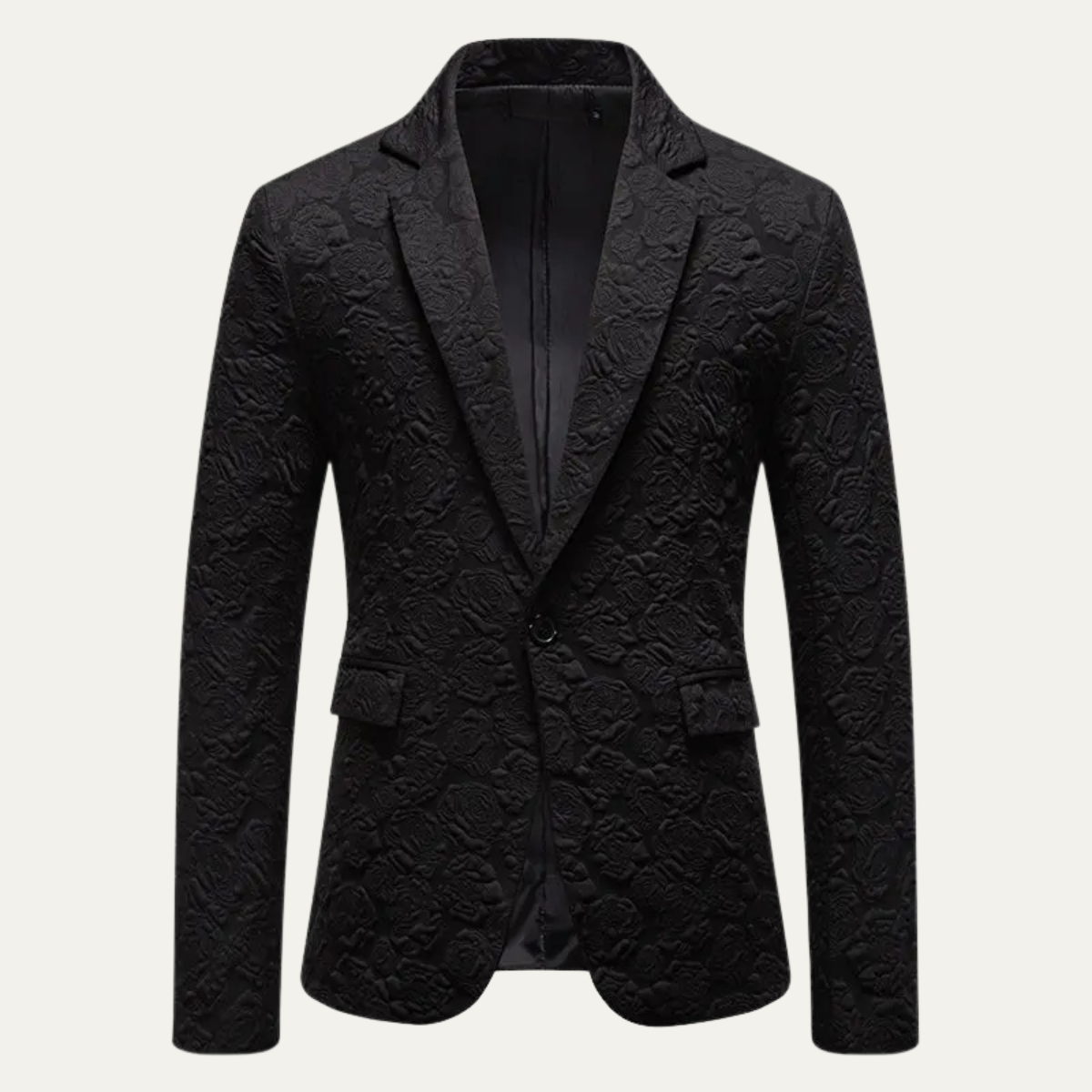 Men's black slim-fit textured blazer with notch lapels and dark button