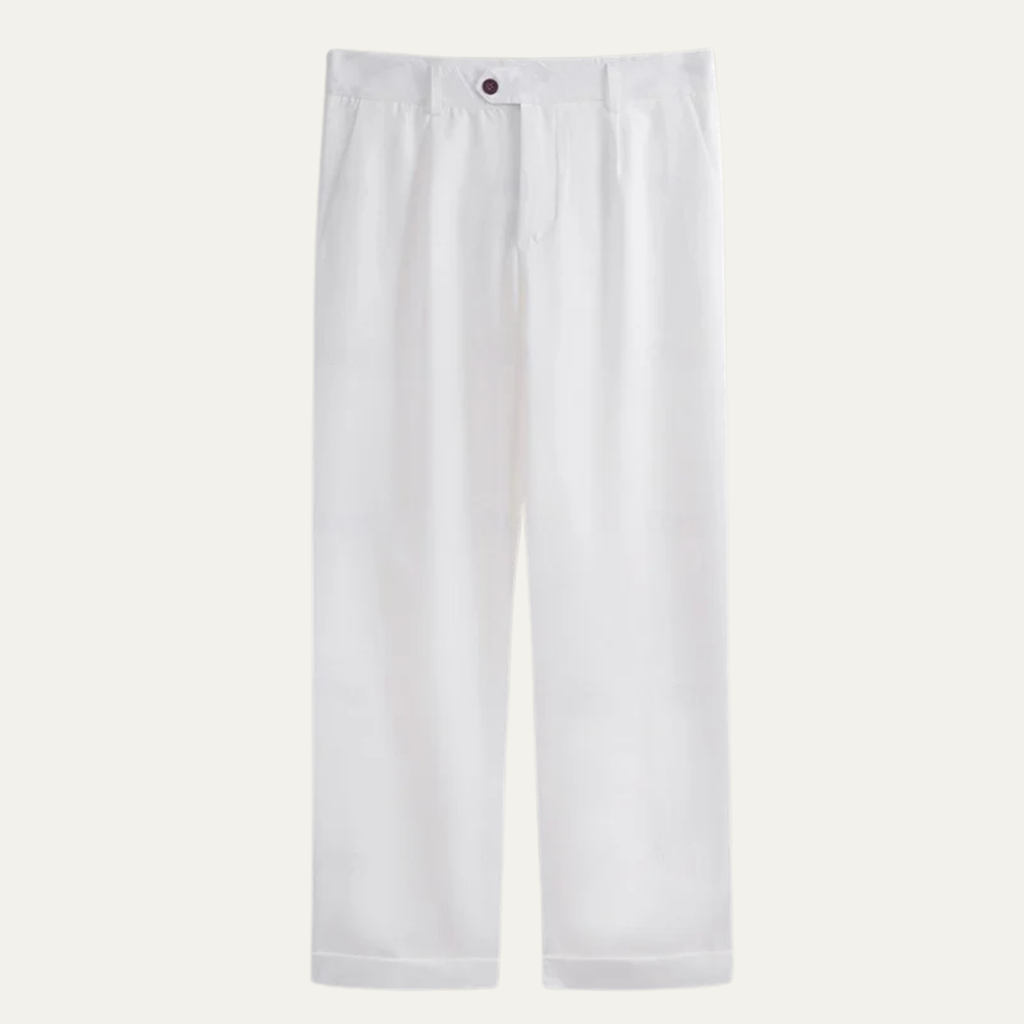 Men’s white dress pants with pleated front, belt loops, and button closure
