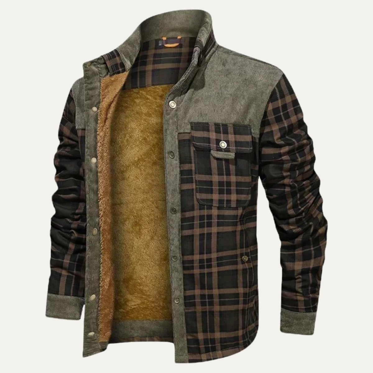 Men's warm plaid check jacket in olive gray with brown sherpa lining and front snaps