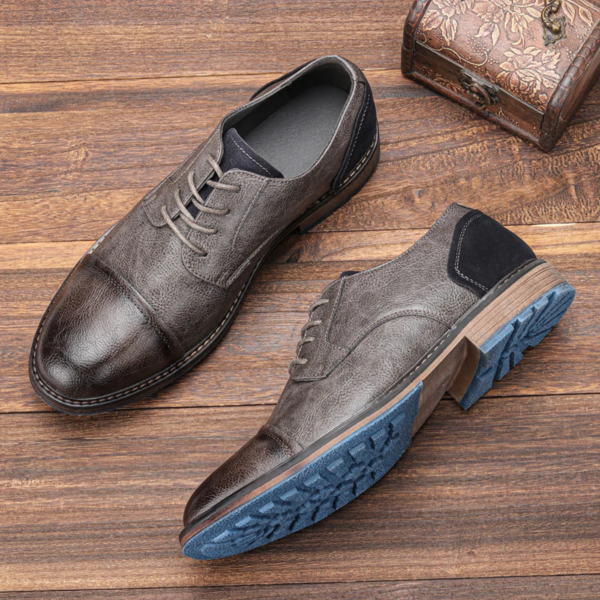 Men's lace-up leather Oxford shoes, gray leather with lace-up front and blue textured sole