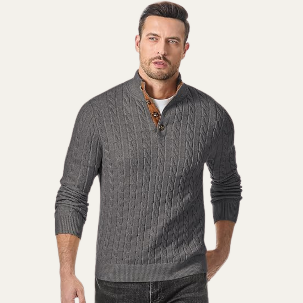 Men's dark gray cable-knit collar-stand sweater with brown button placket