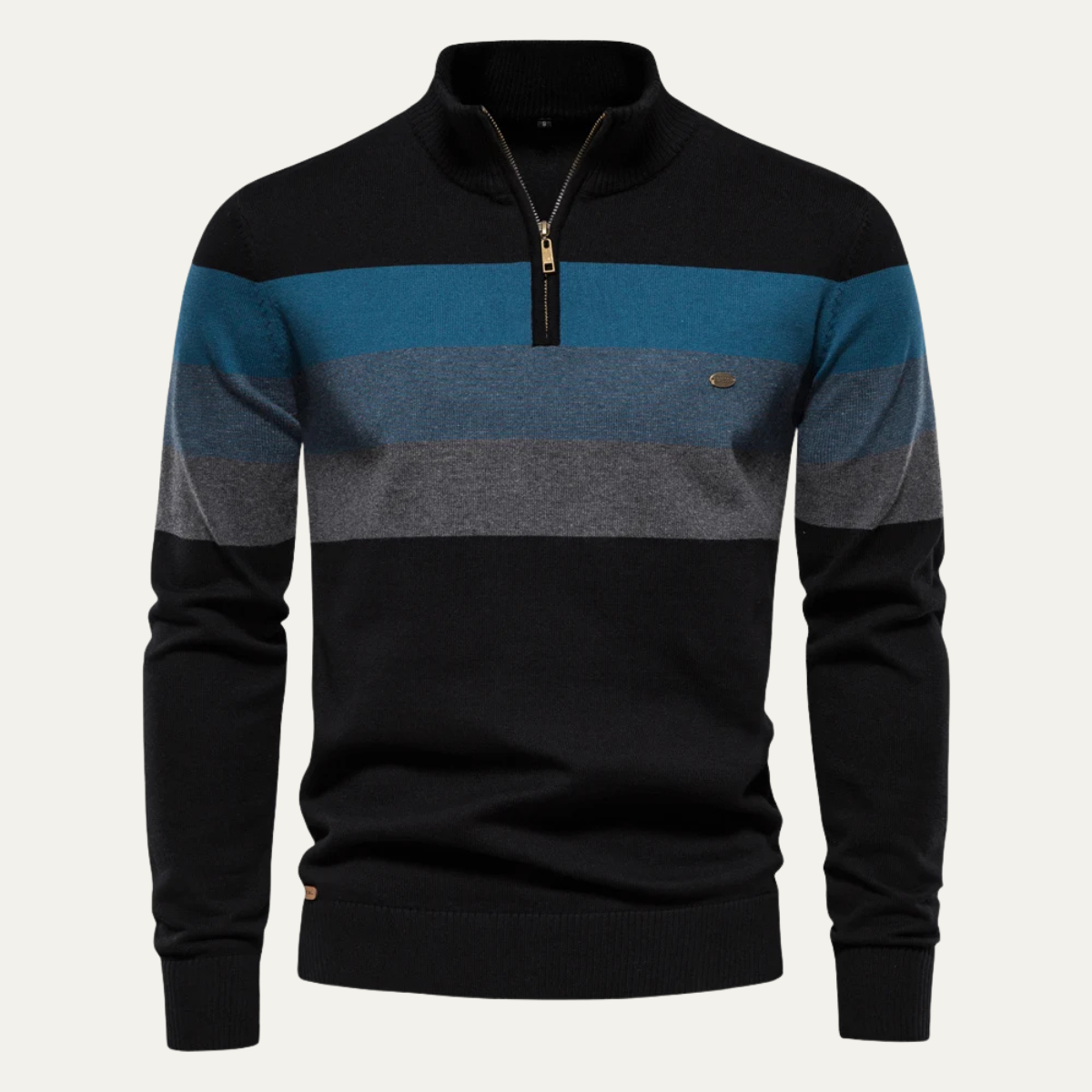 Black mock-neck half-zip sweater with blue and gray horizontal stripe patchwork