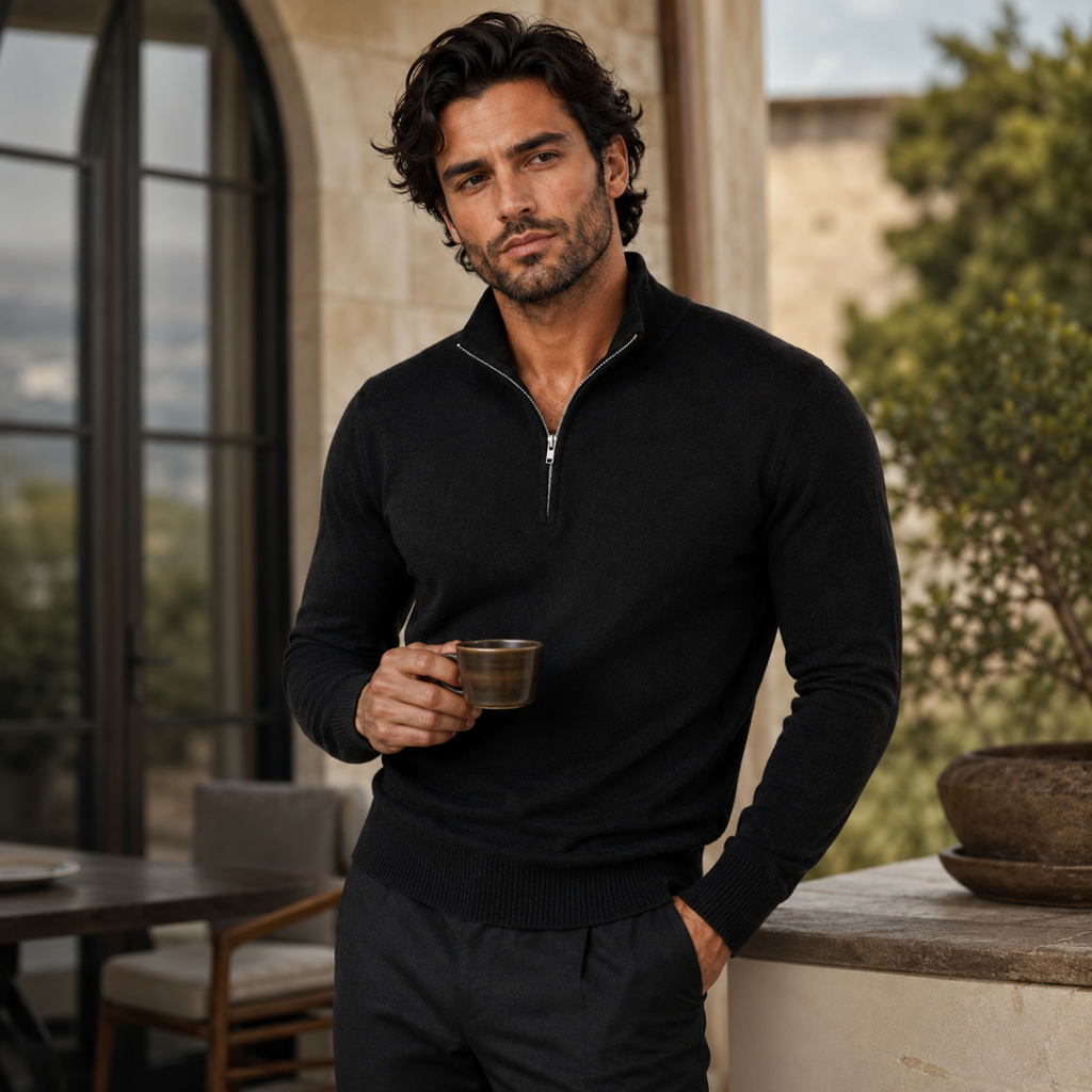 Men's quarter-zip mock neck sweater, black long-sleeve knit with ribbed hem